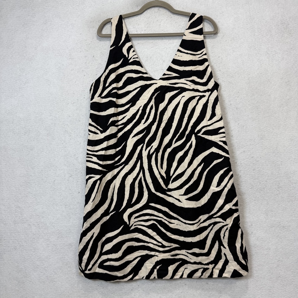 EVEREVE Suki Linen Dress Womens XL Black White Zebra Print V Neck Mini Sundress